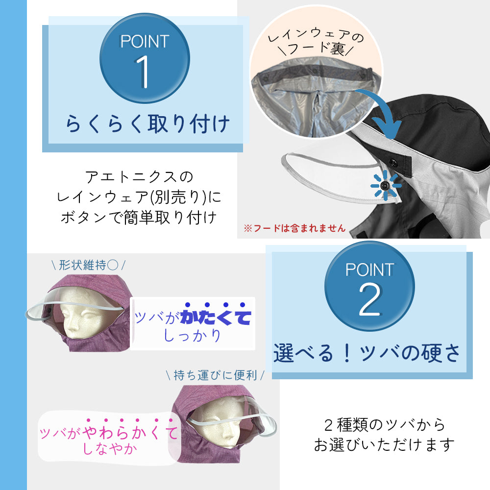 ボタンで簡単取り付け、選べるツバの硬さ