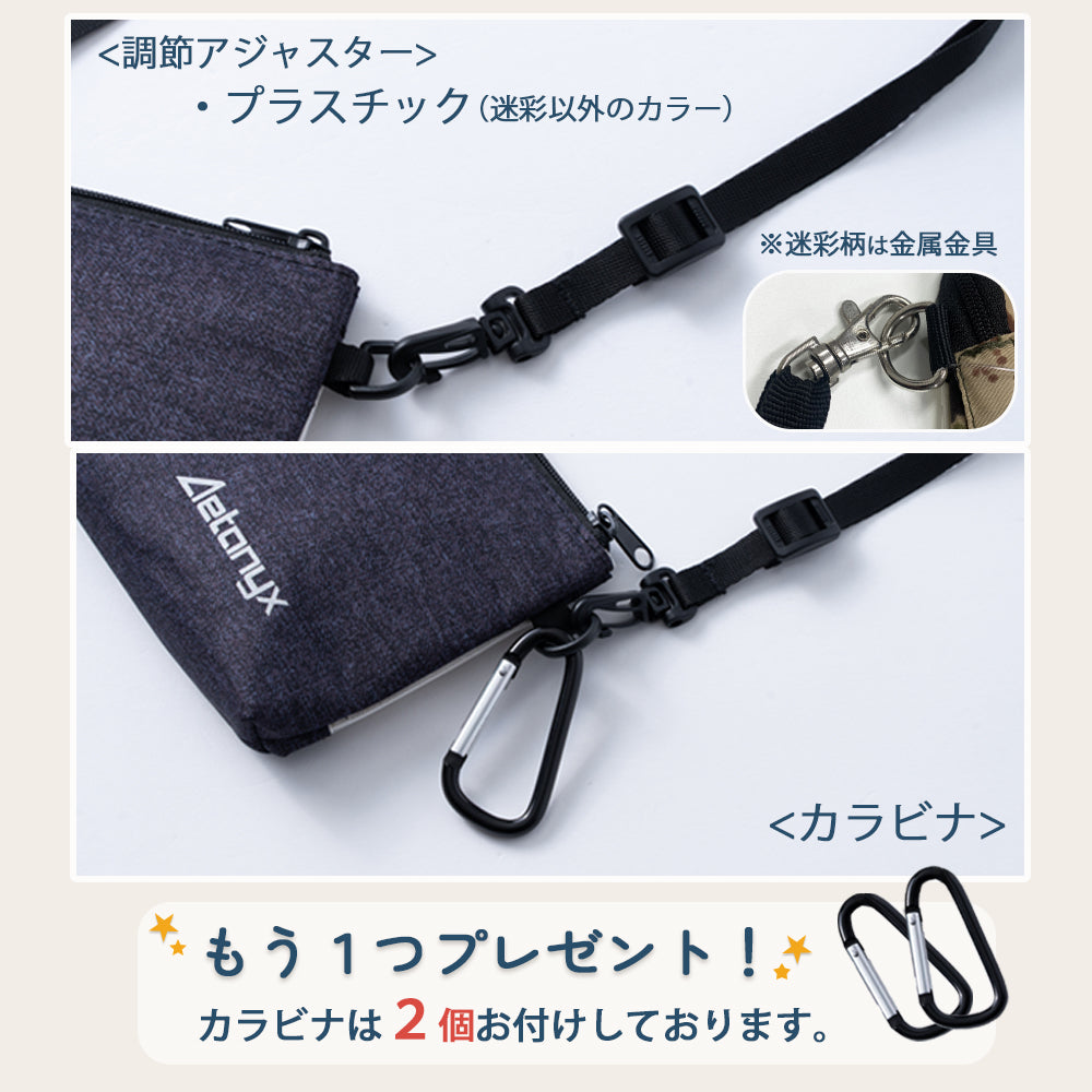 調整アジャスターの素材：プラスチック。（迷彩柄は金属金具）カラビナは２つ付属