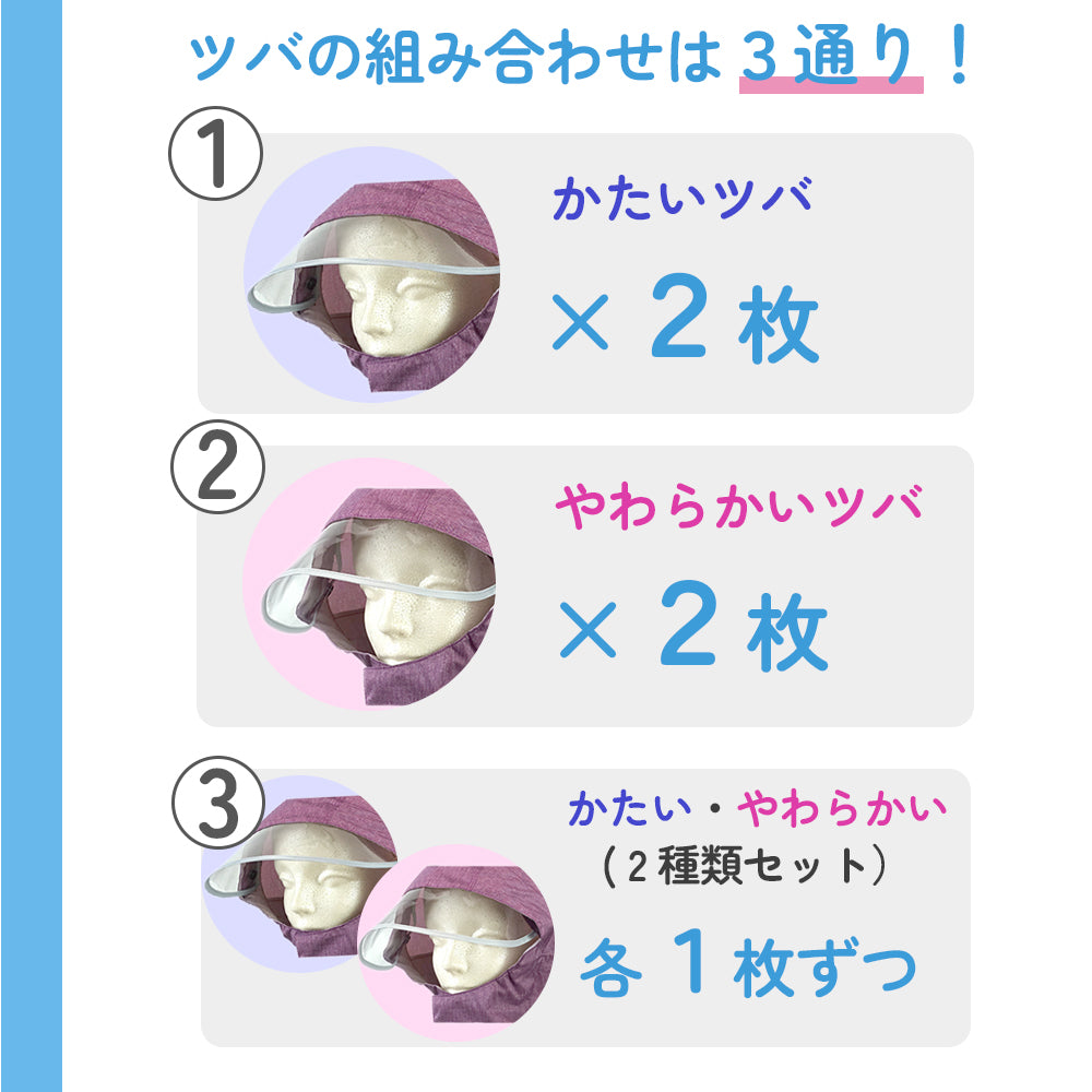ツバの組み合わせは3通り（かたいツバ2枚・やわらかいツバ2枚・それぞれ1枚ずつの2種類セット）